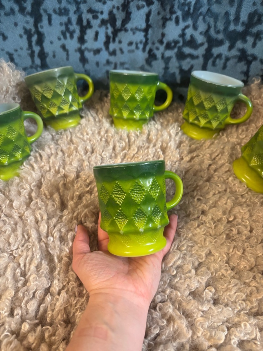 THREE (3) Vintage Green Anchor Hocking Fire-King Cups Mugs Oven Proof USA made